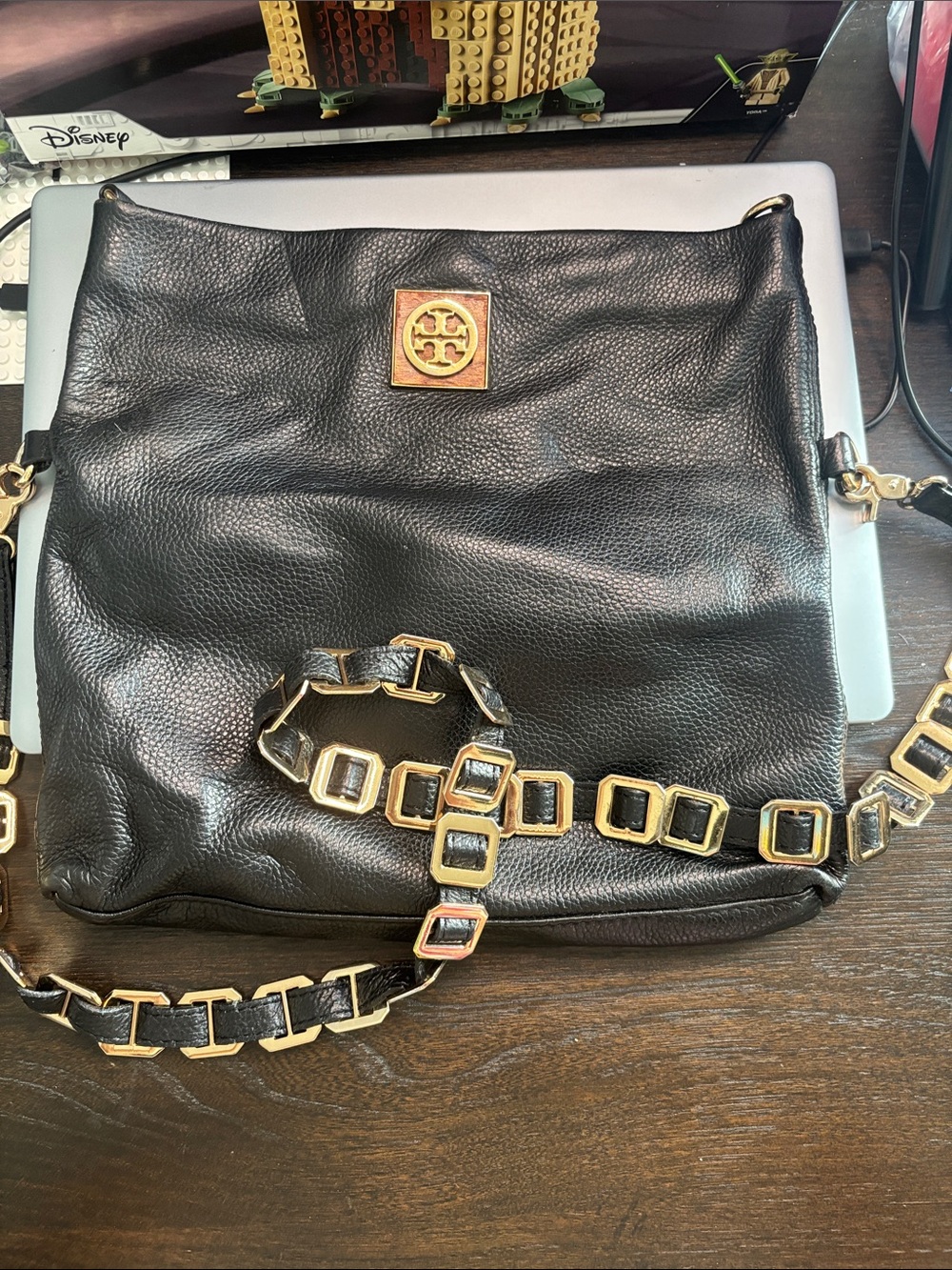 Tory Burch Black Leather Shoulder Bag with Gold-Tone Chain Strap